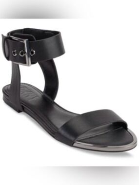 DKNY Black Leather Tamara  Ankle-Strap Flat Sandal - Size 8M